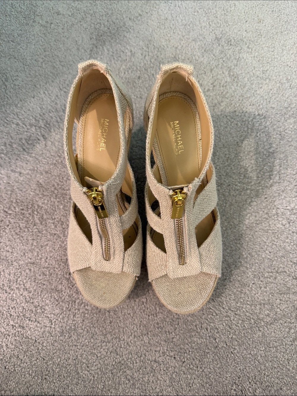 Michael Kors Beige Canvas Espadrille Wedge Sandals with Gold Zip Accent - Picture 2 of 2